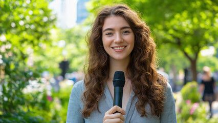 Smiling young woman with microphone in park. Journalism and communication concept.