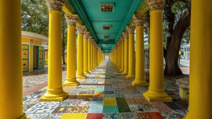 Colorful mosaic walkway with yellow pillars and trees