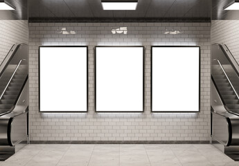 Three billboards on underground wall Mockup. Vertical hoardings in white subway station. 3D rendering