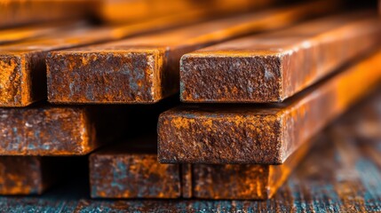 Close-up view of rusty metal bars stacked together, showcasing their weathered texture and industrial charm, perfect for representing decay, history, and vintage aesthetics.