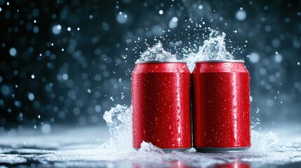 Two cans of refreshing fizzy drink are shown splashing in water droplets, embodying the joy of refreshment and quenching thirst during lively moments in hot weather.
