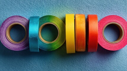 Colorful ribbon rolls arranged in a rainbow spectrum