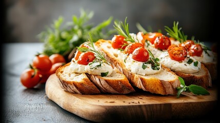 A beautifully arranged platter of toasted bread topped with creamy cheese and fresh tomatoes, garnished with herbs, ideal for a delightful appetizer or snack.