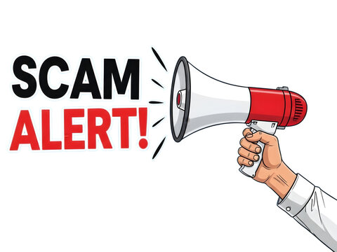 Scam alert illustration with megaphone isolated on transparent background