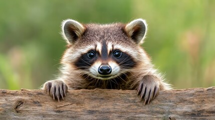 A charming raccoon peeks curiously over a rustic wooden fence, showcasing its playful demeanor and striking facial features against a natural green backdrop.