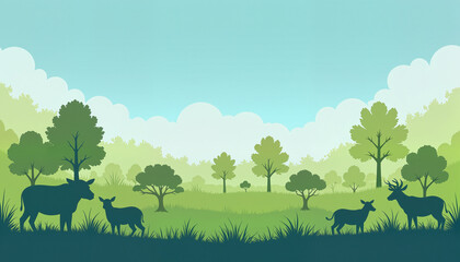 Silhouettes of cows and deer grazing in a serene landscape filled with trees and lush green grass. Concept of nature, wildlife, and animal habitats.