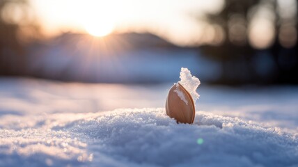 Seedling sprouting in winter snow at sunset