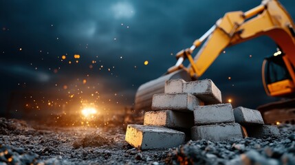 A dramatic construction site scene featuring a pile of bricks and a large excavator against a moody backdrop, showcasing the raw elements of building and industry at work.