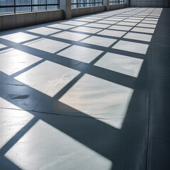 Geometric shadows cast across a tiled floor in a spacious modern interior setting