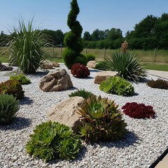 Obraz premium Sculpted foliage and natural stones form a low maintenance contemporary xeriscape design