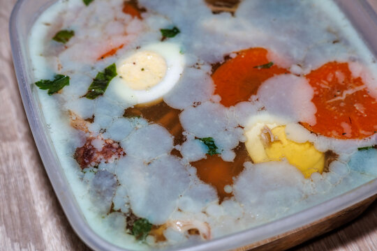 Homemade Aspic Jelly with Meat, Boiled Eggs and Carrots in a Plastic Container, Traditional Slavic Cuisine, Holodets or Studen Dish Close-up