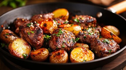 An appetizing dish showcasing perfectly grilled beef alongside crisp, golden-brown roasted potatoes, garnished with herbs, capturing the essence of comfort food and culinary delight.