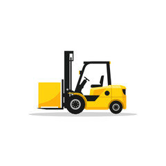 Yellow forklift truck lifting a yellow box on a white background, flat design vector illustration