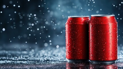Two close-up soda cans glisten with water droplets, exuding freshness and vitality, inviting thoughts of refreshment on a warm day.