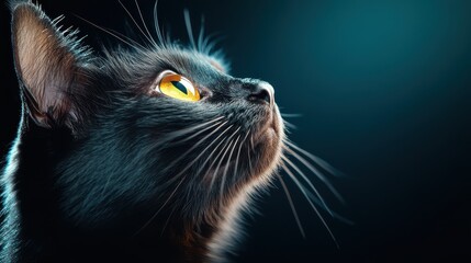 A striking close-up of a black cat with golden eyes, gazing thoughtfully upward in low light, capturing the mystery and beauty of feline companionship and elegance.