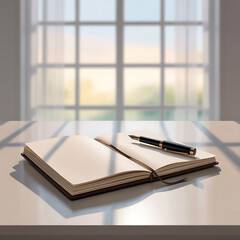 An open notebook and elegant pen rest on a sunlit white table near a window