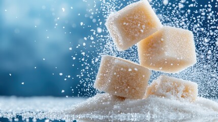 Brown sugar cubes cascade down onto a soft pillow of granulated sugar, creating a visual sweetness that highlights the appeal of sugary delights in culinary art.