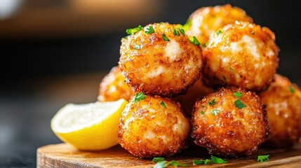 These delicious golden cheese balls are perfectly crispy on the outside and gooey on the inside, garnished with herbs and served with a fresh lemon slice for zest.