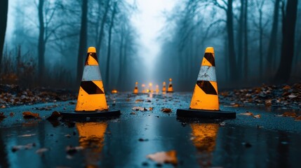 This atmospheric image shows a foggy forest pathway blocked by brightly colored traffic cones, creating a sense of mystery and intrigue.