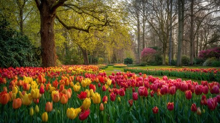 Colorful tulip garden in bloom with trees