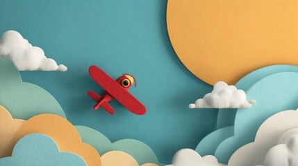 Cute toy airplane flies through colorful clouds
