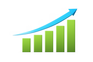 Business growth bar chart illustration with increasing blue arrow showing income progress and financial success