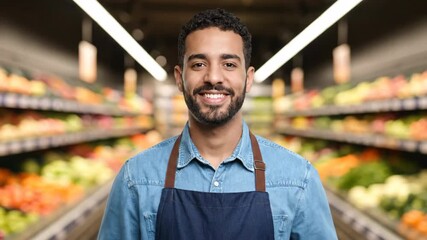 Portrait of a smiling man wearing a blue denim shirt and brown apron, standing in the produce section of a supermarket with a blurred background.