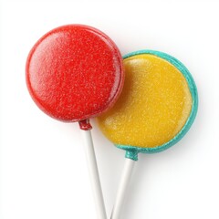 Two colorful round lollipops on white background