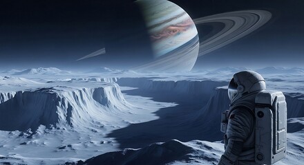 Astronaut Gazing at Saturns Rings from Alien Moon Landscape.