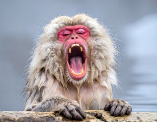 Close-up of a Japanese macaque with bright red face, fur, and mouth wide open, looking straight at the camera