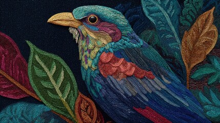 Vibrant beaded bird surrounded by colorful jungle leaves
