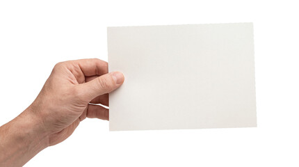 Obraz premium Male Hand Holding Blank White Horizontal Paper Card Isolated on White Background