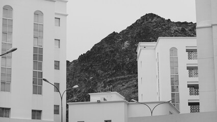 Modern Urban Buildings Minimal Perspective. Monochrome City Architecture Mountain Contrast