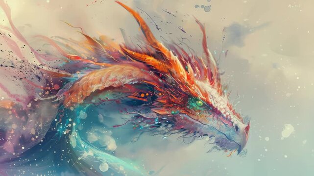 Majestic dragon head with fiery mane in ethereal fantasy setting