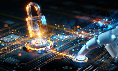 Robotic hand touching digital button activating holographic glowing padlock for cybersecurity and ai concept. 3D rendering. Generative Ai padlock