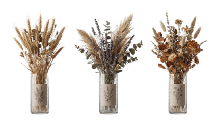 Set of 3 Dried Flower Bouquets in Glass Vases Product Shot