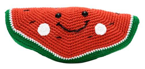 A smiling slice of watermelon made using the amigurumi crochet technique, on a transparent background.