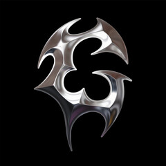 3D chrome letter G with open curved tribal structure and cybersigilism aesthetic