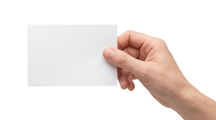 Obraz premium Blank White Business Card Mockup Held by Hand on White Background