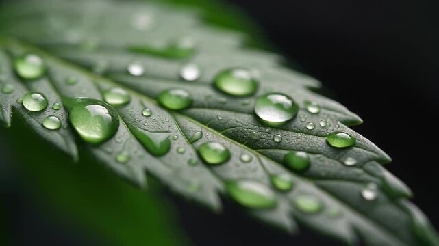Close-up of cannabis leaf with dew drops on serrated edge, outdoors in dark natural setting