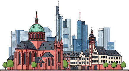 Fototapeta premium A vibrant cityscape illustration blending historic architecture with modern skyscrapers