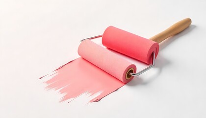 A single, clean paint roller with a wooden handle is actively applying a smooth, wide stroke of soft pink paint onto a pristine white surface, indicating fresh decoration and a gentle transformation.