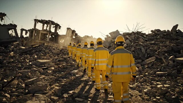A team of uniformed workers walk through rubble in warm light near building ruins. Construction, safety and disaster recovery are key visuals.
