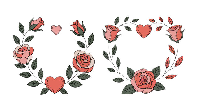 Floral Heart Frames: Charming floral heart frames with delicate roses and vibrant leaves, perfect for expressing love, enhancing design projects and conveying sentiments.