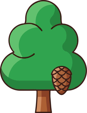 A stylized cartoon of a green tree with a brown trunk and a single brown pine cone