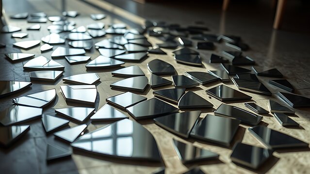 superego. Broken mirror pieces scattered on floor reflecting distorted surfaces. wellbeing guides, coaching materials, designed for coaching and self-improvement content, clarifies learning.