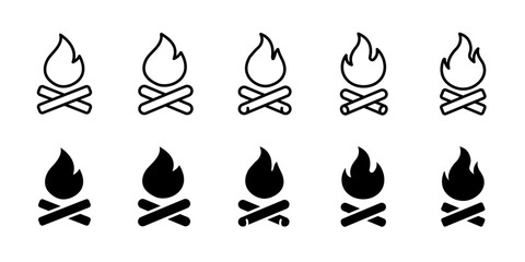 Campfire icon. Bonfire and firewood symbol for camping, outdoor adventure and travel concepts. Camp fire sign for hiking, tourism, survival themes, nature activities and minimal UI design. © MALAI Studio
