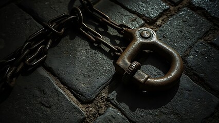 tennessine. Weathered rusted shackles lie on rough stone, chains trailing into shadow. event programs, museum guides, designed for cultural heritage projects and event programs.