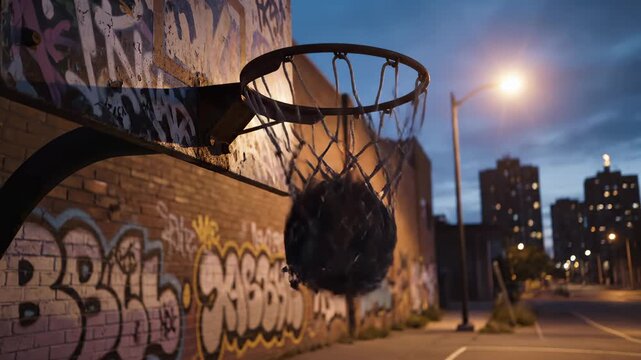 Close Up of Basketball Hoop on Outdoor Court at Night