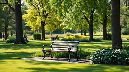 infamy. A serene park bench sits empty amidst lush greenery under natural daylight. travel magazines, destination branding, designed for outdoor magazines and nature guides, inspires travel planning.